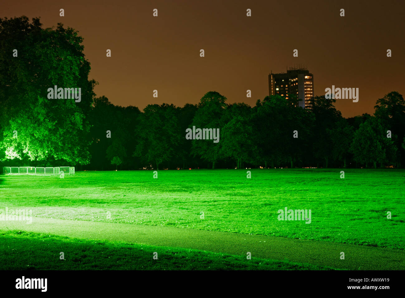 Allumé en vert des arbres dans un champ vert dans la nuit avec un ciel brun avec une tour en arrière-plan Banque D'Images