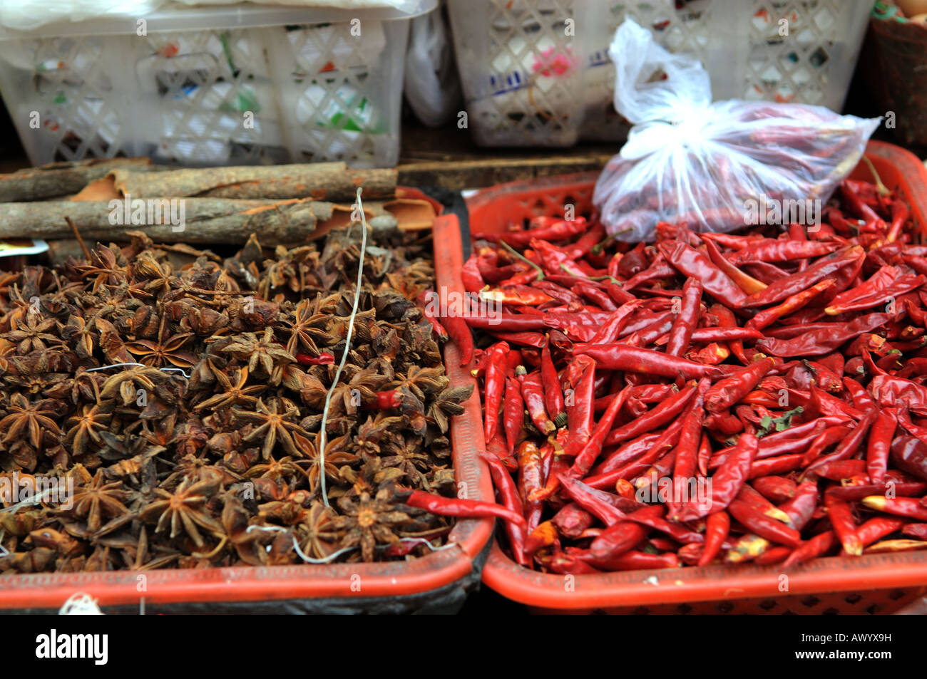 Chilis&Anis vendu dans un marché local à Nanjing, Chine. L'anis étoilé&R Piments ingrédients très important en chinois cooki Banque D'Images