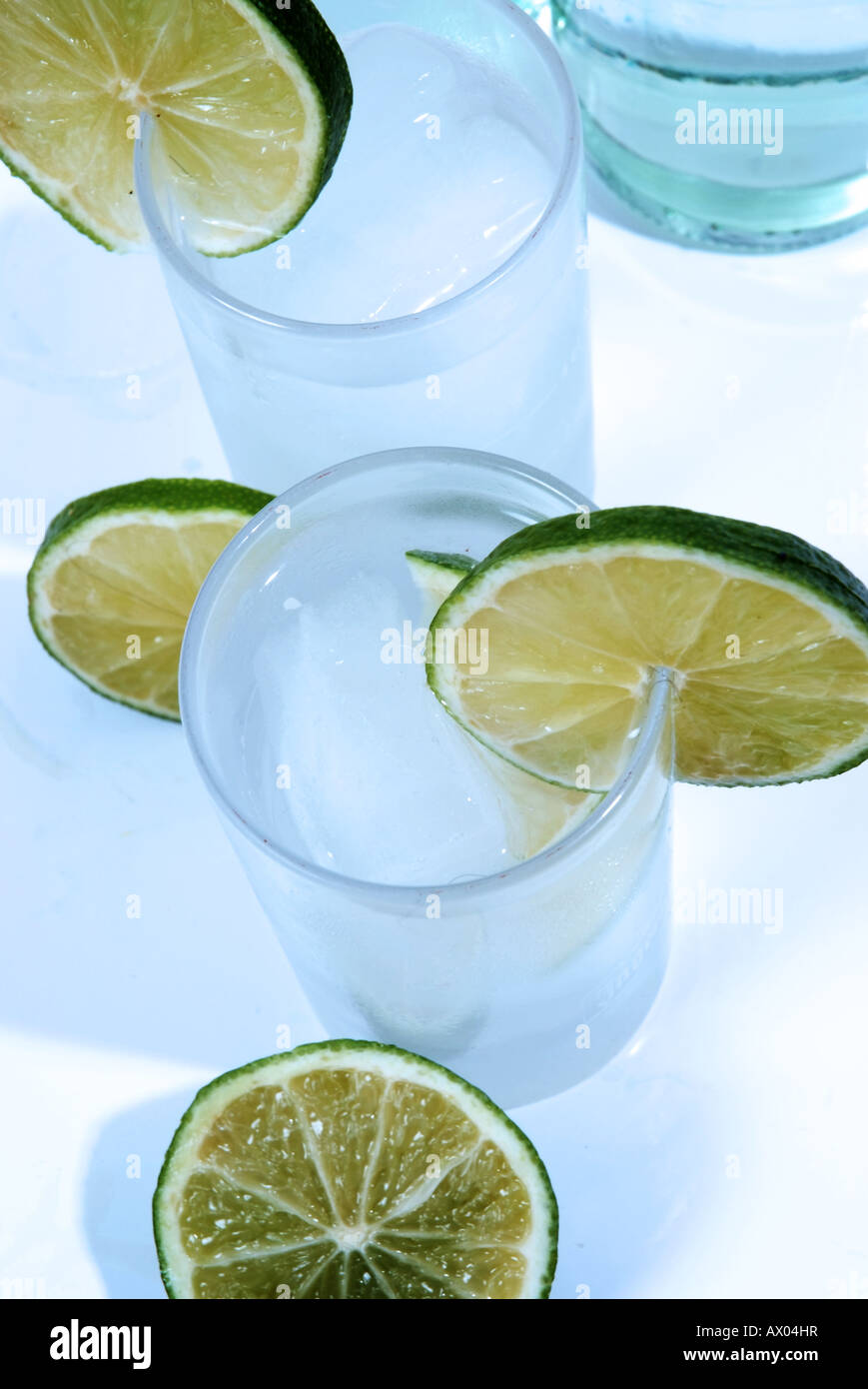 La glace et citron en verre avec de l'eau frais | Eiskaltes Wasser Banque D'Images
