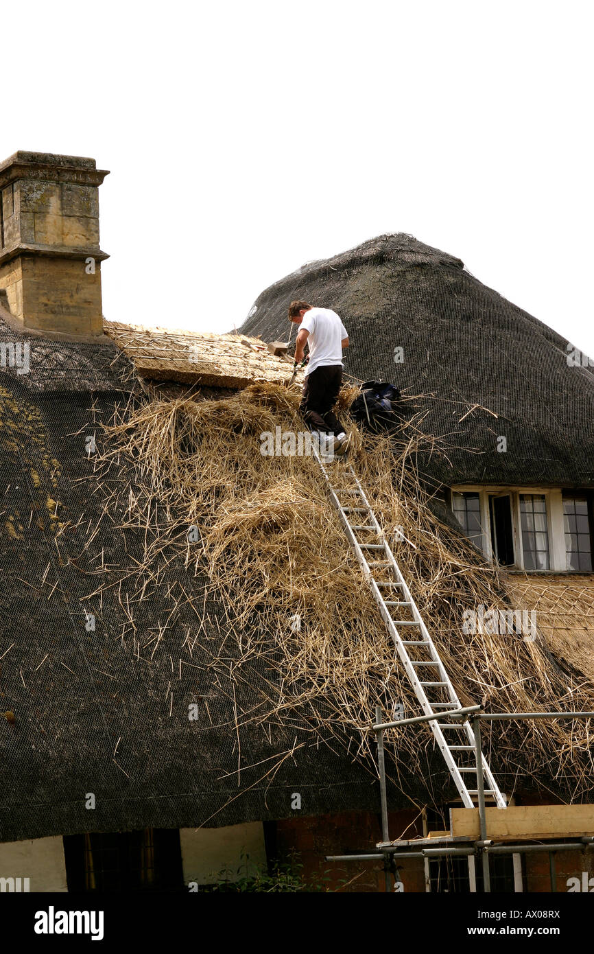 Worcestershire Royaume-uni Stanton thatcher au travail sur le toit Banque D'Images