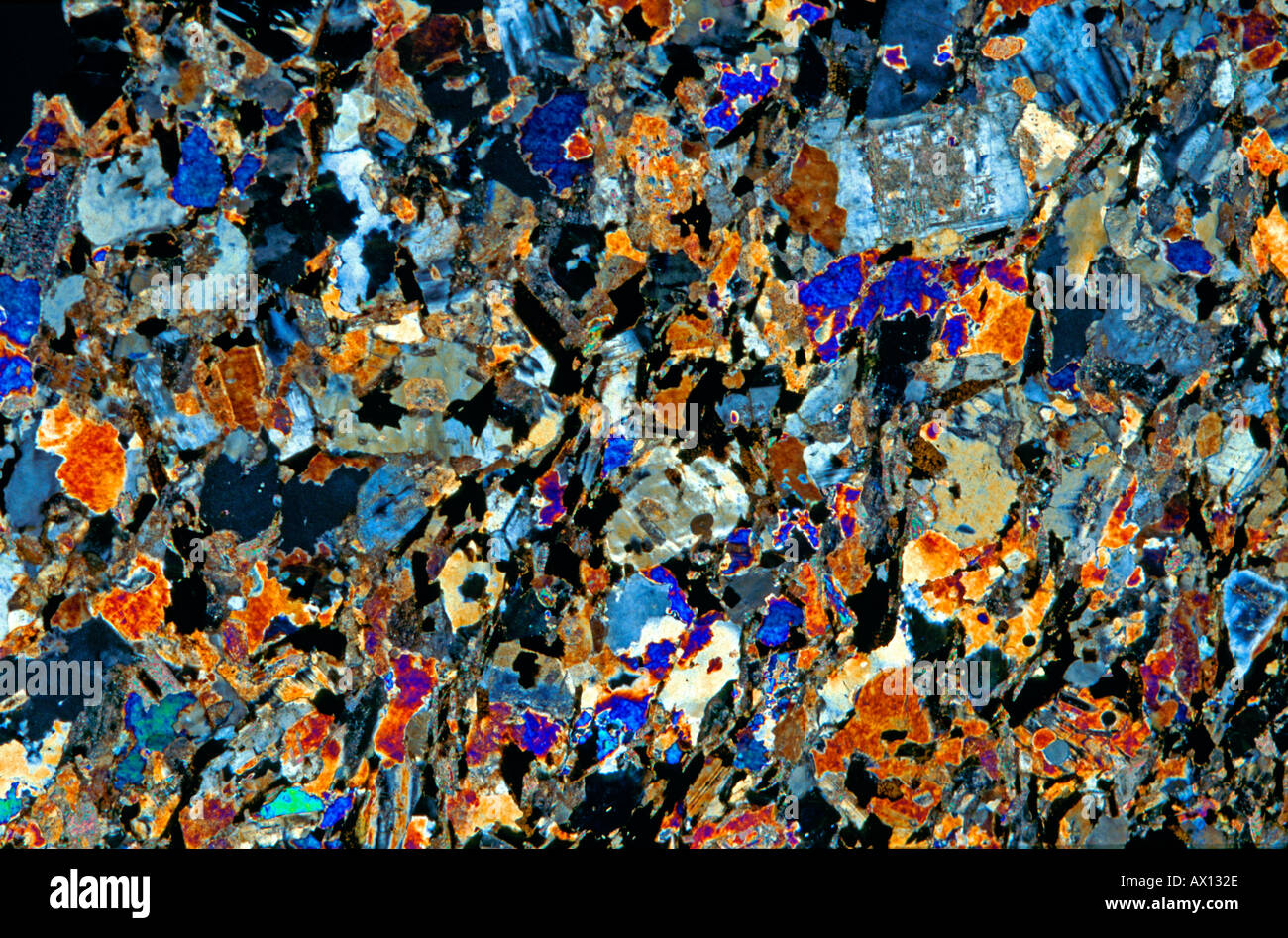 Roche de granit de la hornblende section fine montrant les minéraux grâce à la lumière polarisée Banque D'Images