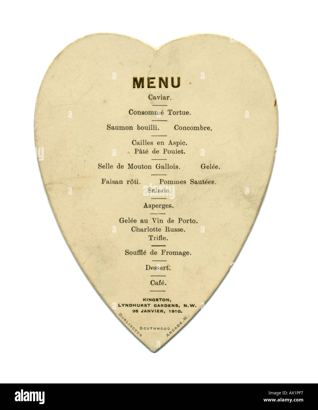 Soirée Dîner Menu de style édouardien 26 Janvier 1910 Banque D'Images