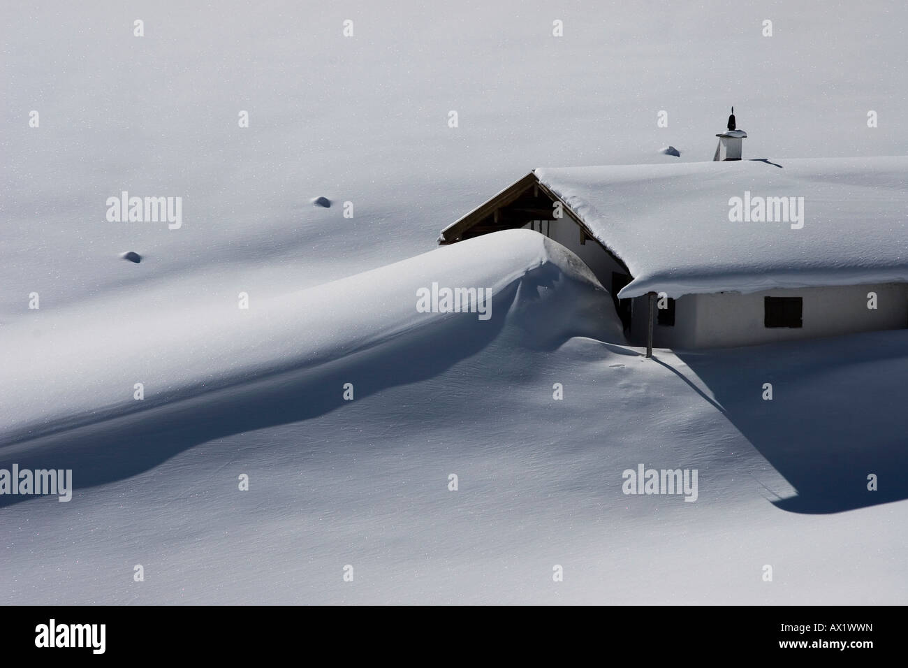 Soinalm (pâturage) couverts à Snowdrift, gamme Spitzingseeberge, Bavaria, Germany, Europe Banque D'Images