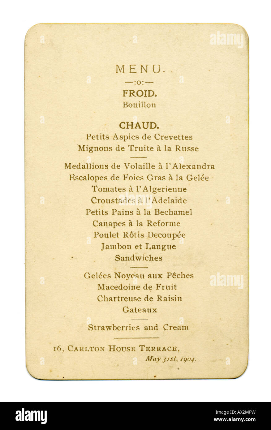 Années 1900 Edwardian Soir Dîner Menu 31 Mai 1904 Banque D'Images