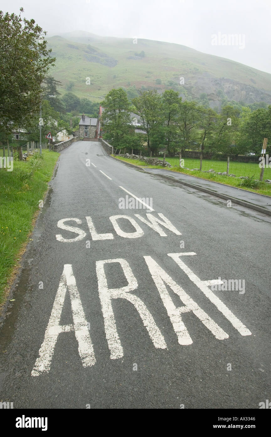 Un panneau routier en gallois et en anglais dans le village de Llangynog Powys Pays de Galles en mai 2004 Banque D'Images