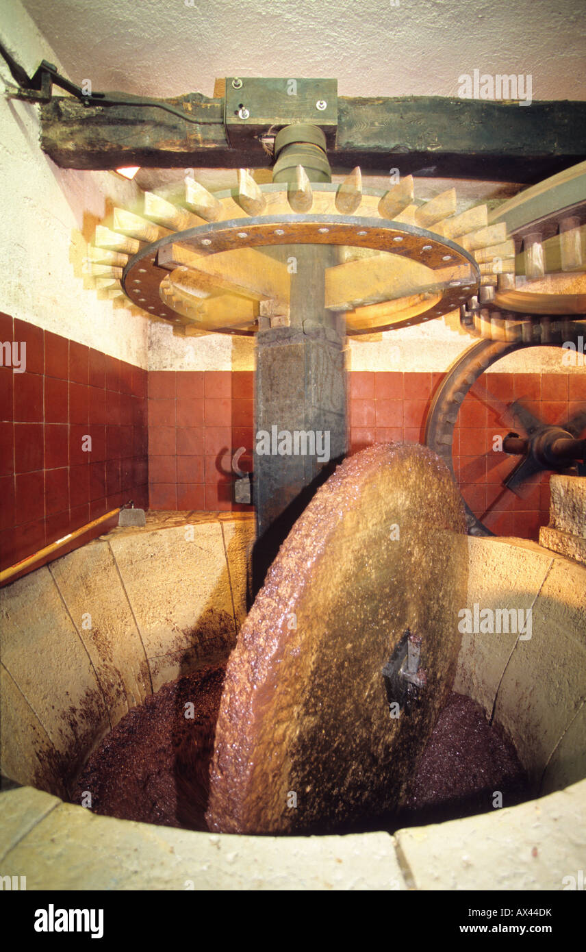 La production d'huile d'olive artisanale traditionnelle à l'intérieur d'un moulin d'huile d'olive Banque D'Images