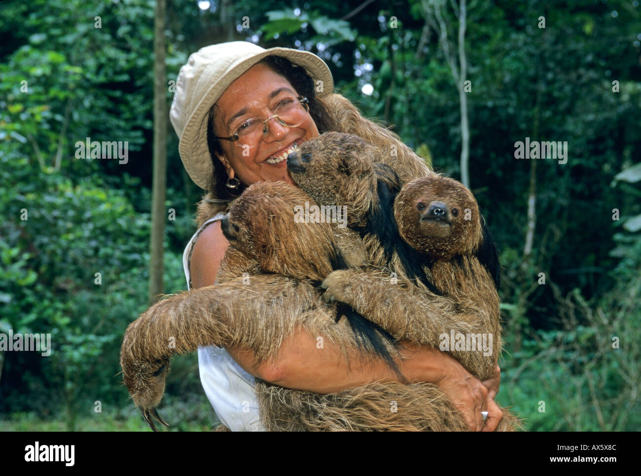 Sloth à crinière (Bradypus torquatus) en voie de disparition, avec Vera Oliveira, Ai Rehab Centre, l'Etat de Bahia, Brésil FORÊT ATLANTIQUE Banque D'Images