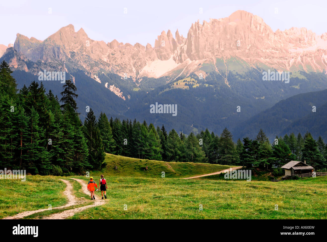 Deux femmes de la randonnée sur un chemin qui traverse une prairie dans la soirée, Rosengarten Alpes en arrière-plan, Bolzano-Bozen, Italie, E Banque D'Images