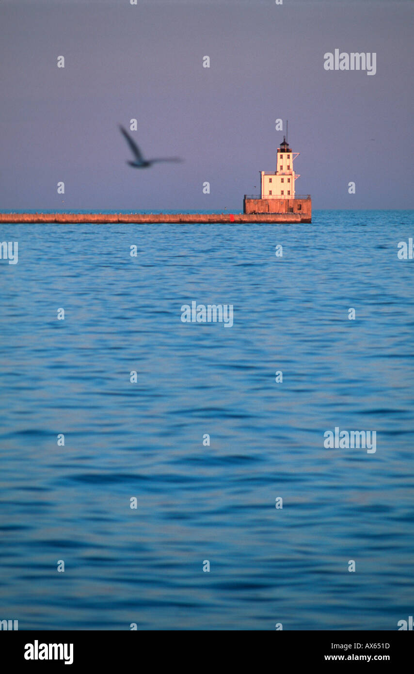 Phare et d'oiseaux au crépuscule, le lac Michigan Milwaukee Wisconsin USA, Août 2003 Banque D'Images