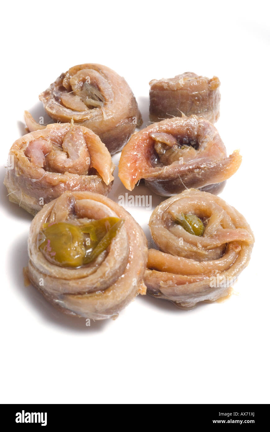 Filets d'anchois roulés farcis de caper appetizer Banque D'Images