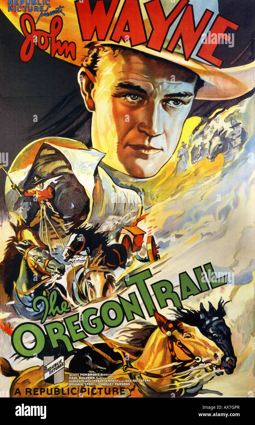 OREGON TRAIL affiche pour 1936 film république avec John Wayne - il y a plusieurs autres films avec le même titre mais pas de John Wayne Banque D'Images