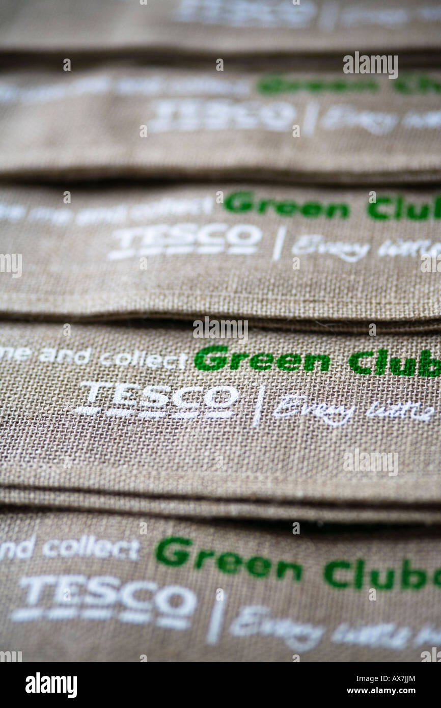 Sacs de jute Tescos, UK Banque D'Images