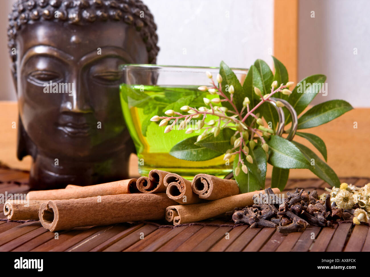 Camomille cannelle et girofle contre un thé vert japonais traditionnels fenêtre shoji Banque D'Images