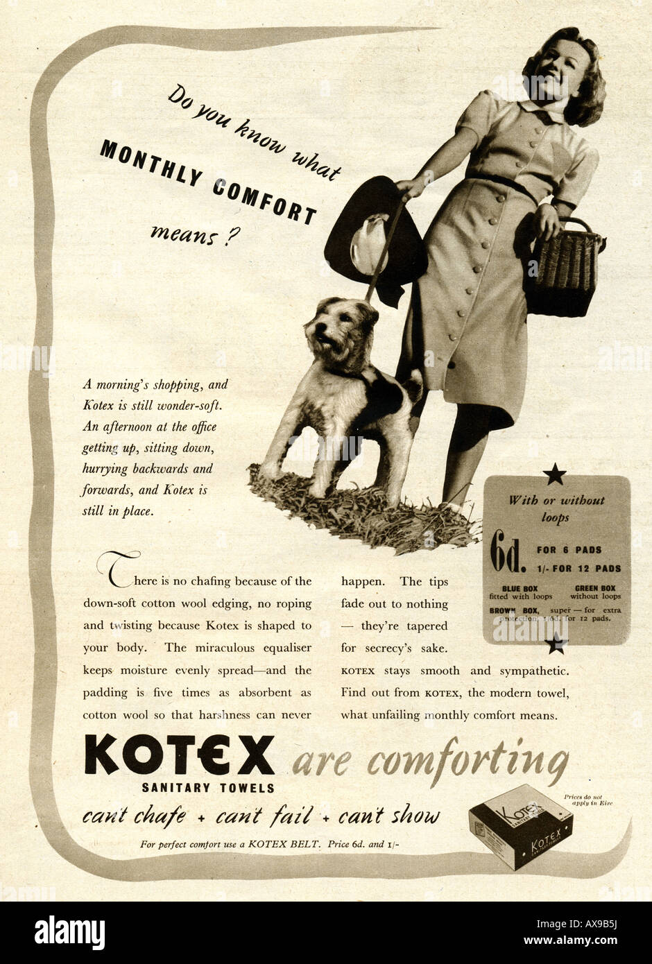 Serviettes hygiéniques Kotex 1930 Annonce de l'été 1939 en images écran annuel pour un usage éditorial uniquement Banque D'Images