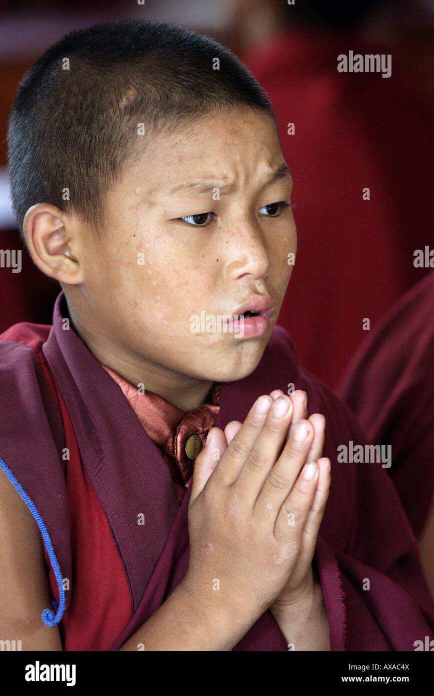 Jeune moine priant dans un monastère, en Inde Banque D'Images