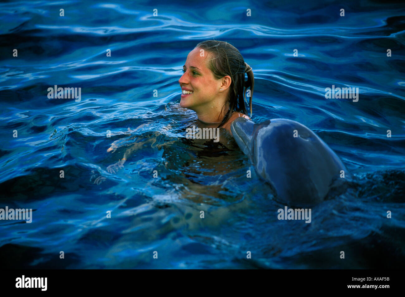 Willemstad, Curaçao, femme à l'eau avec un grand dauphin côtières, Tursiops truncatus, Curacao Sea Aquarium Banque D'Images