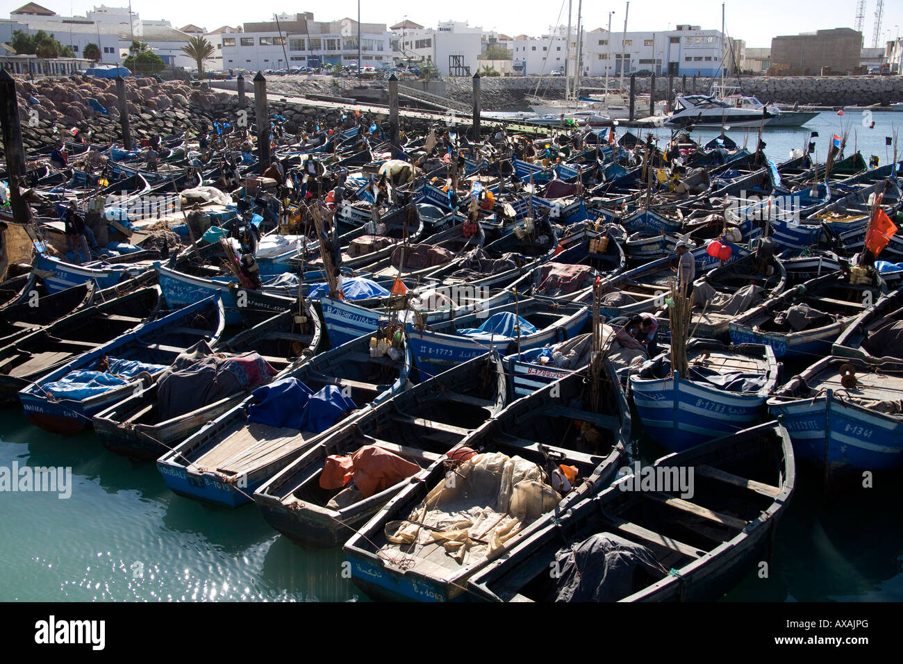 Port de pêche d'Agadir, Maroc, Afrique du Nord-Ouest. Bateaux de pêche bleu  au port. Petit port de peche Photo Stock - Alamy