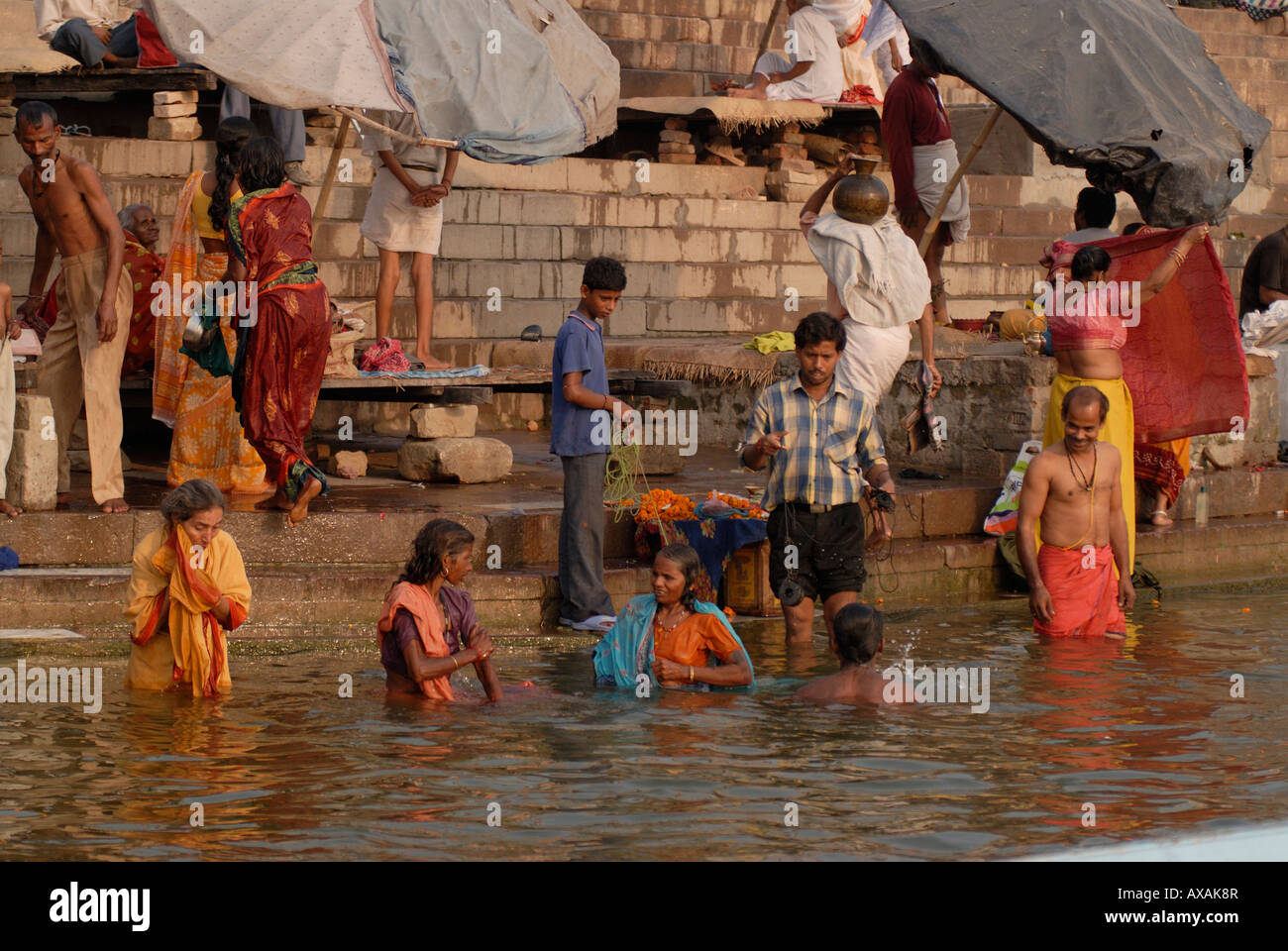 L'hindou se baignant dans le Gange sacré River au lever du soleil au Kedar Ghat, Varanasi Inde Banque D'Images