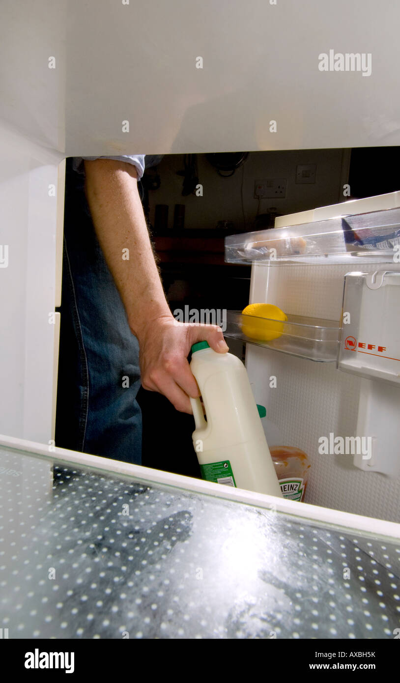 Vue de l'intérieur d'un réfrigérateur pendant qu'un homme prend deux pintes de lait demi-écrémé de la porte. Banque D'Images