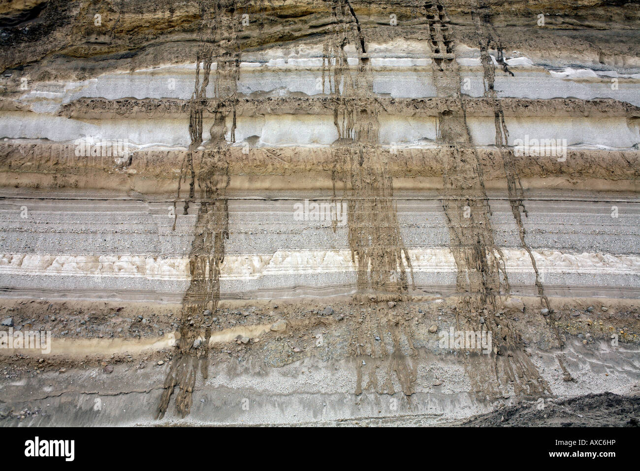 Couches de cendres volcaniques exposée dans une coupe la route Banque D'Images