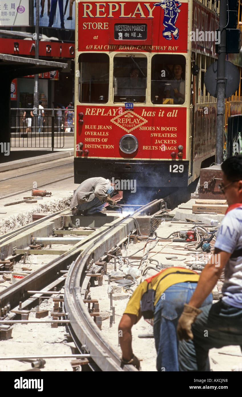 La réparation des lignes de tramway Causeway Bay Hong Kong Banque D'Images