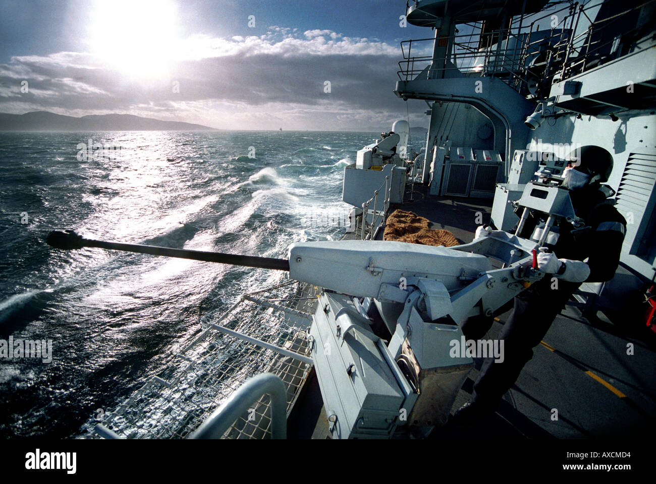 Le canon de 20 mm Gambo tribord sur le type 42 destroyer HMS Gloucester (1985 - 2011) au cours des exercices, Joint Warrior au large de l'Ecosse Banque D'Images