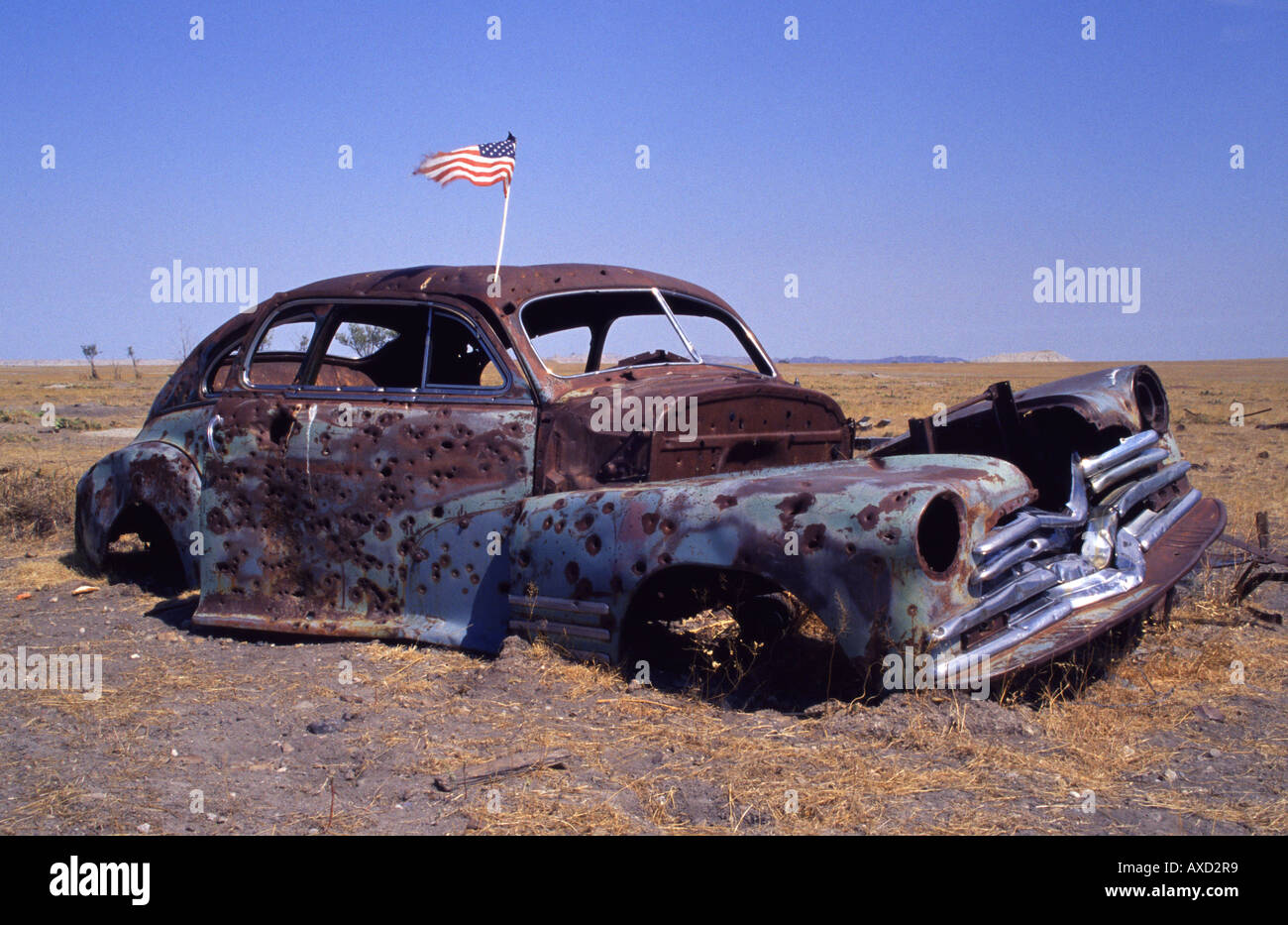 American car abandonné dans les Badlands du Dakota du Sud Banque D'Images