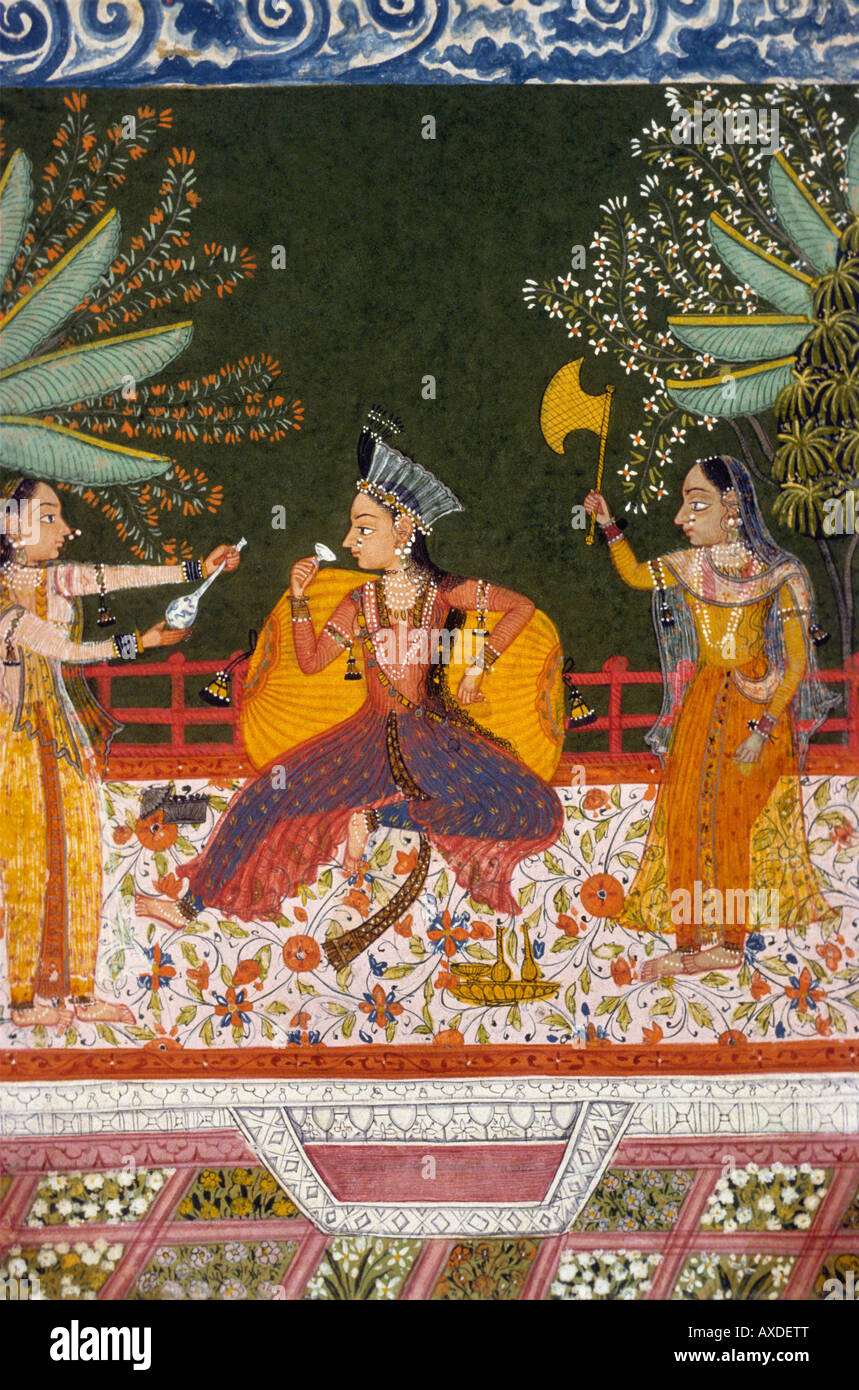 Kotah/bundhi (Inde) dame boire du vin c 1680 kanoria. Peinture miniature indienne, Rajasthan Inde Banque D'Images