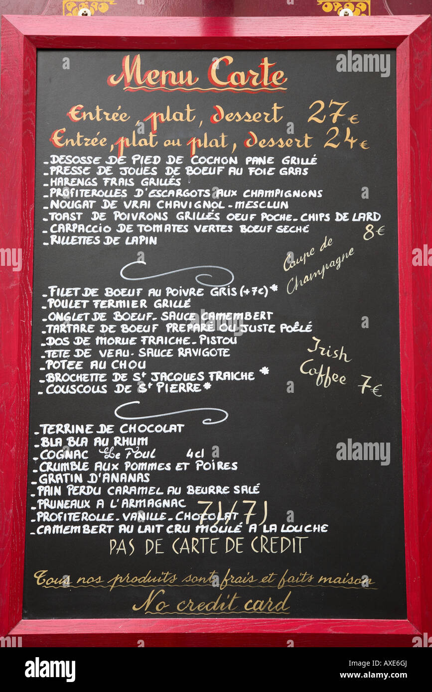 Menu de restaurant de Paris, France Photo Stock Alamy