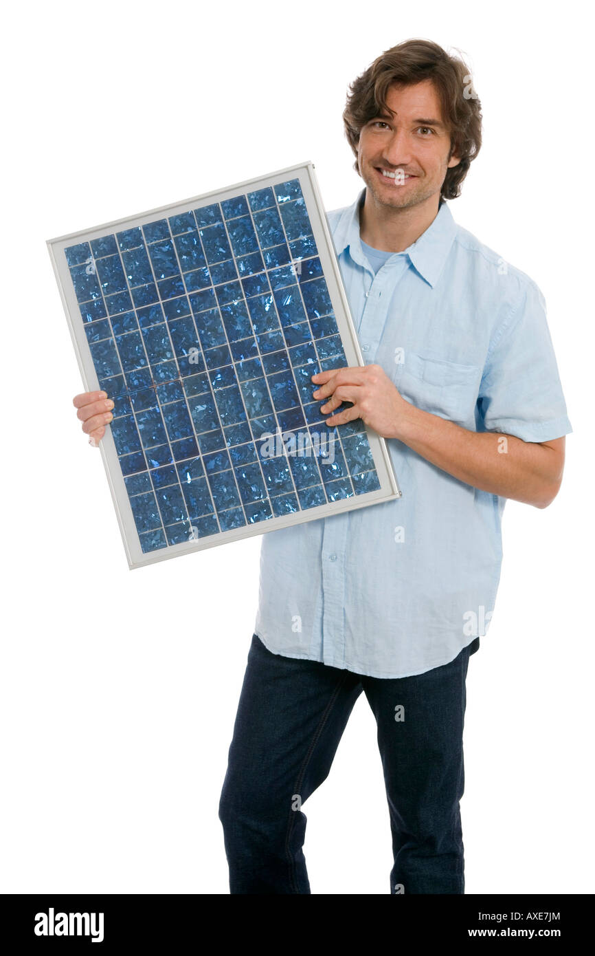 Man holding solar panel Banque D'Images