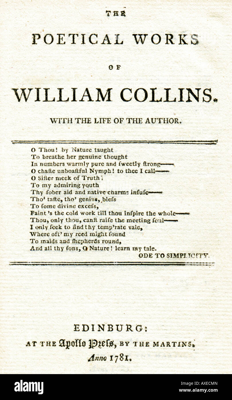 Page de titre d'un livre de poèmes du 18ème siècle par William Collins 1781 publié par les Martin à l'Apollo Appuyez sur Edinburgh Banque D'Images
