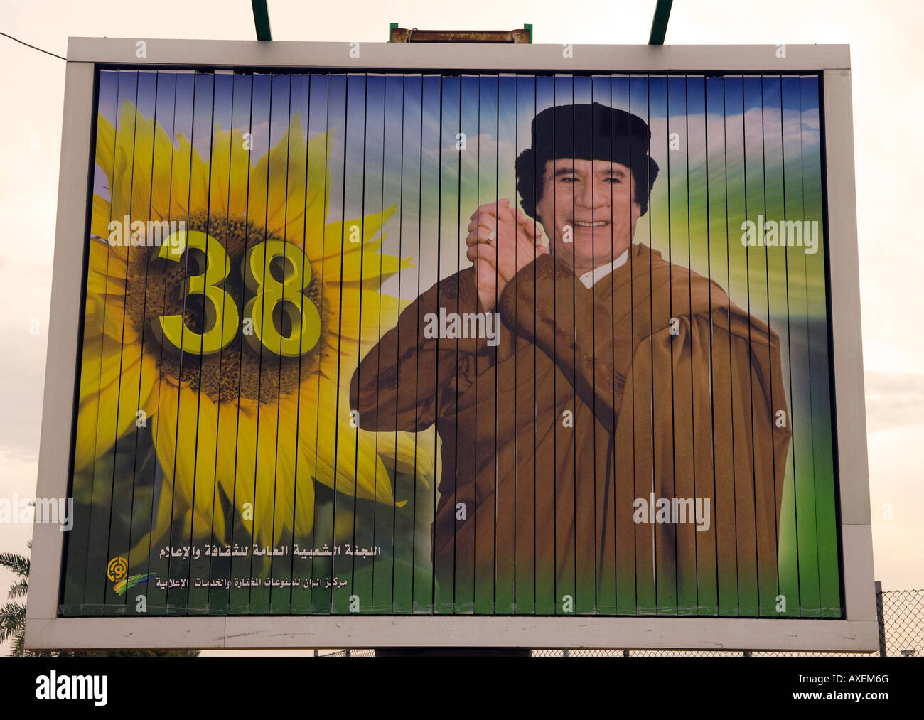 Affiche de propagande pour le colonel Muammar Kadhafi célébrant 38 ans depuis la Révolution et sa montée au pouvoir Tripoli Libye Banque D'Images