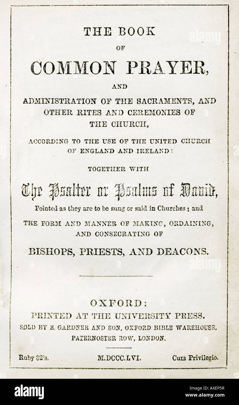 Victorian 1856 Book of Common Prayer Page Titre EDITORIAL UTILISEZ UNIQUEMENT Banque D'Images