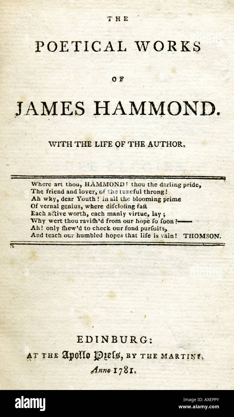 Page de titre d'un livre de poèmes du 18ème siècle par James Hammond 1781 publié par les Martin à l'Apollo Appuyez sur Edinburgh Banque D'Images