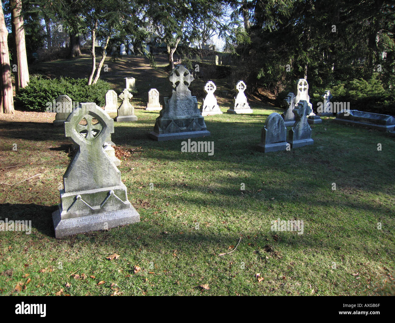 Pierres tombales dans un vieux cimetière Mt Auburn Cemetery, Cambridge MA Banque D'Images