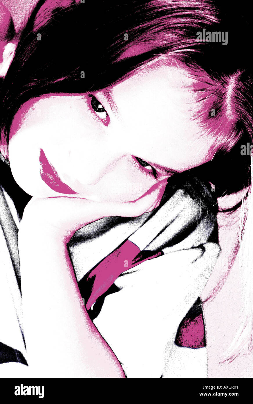 Fille femme âge 510 kid enfant enfance enfant sourire tête support d'inclinaison du capot intérieur intérieur main ogle portrait studio Banque D'Images