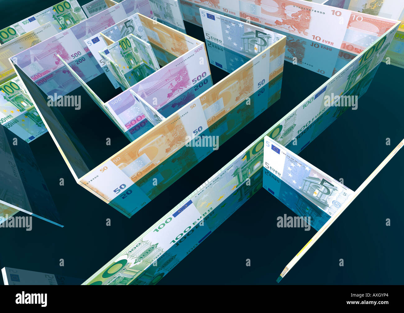 Labyrinthe Labyrinthe avec euros aus Euroscheinen Banque D'Images