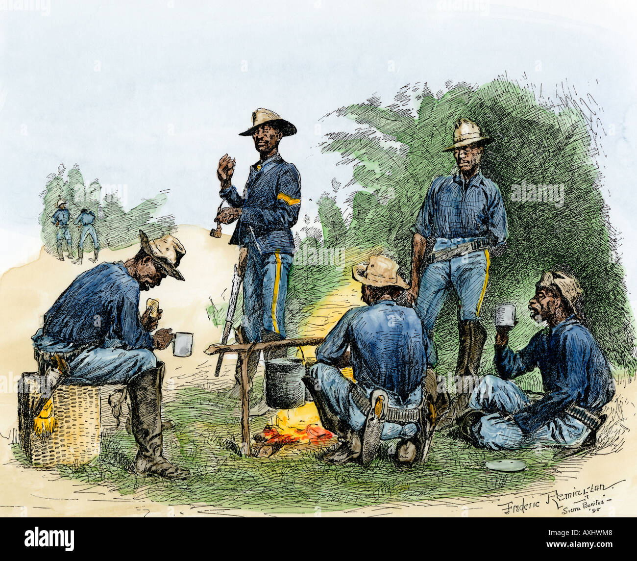 Les troupes afro-américain connu sous le nom de soldats Buffalo autour d'un feu de camp dans l'Ouest, années 1800. À la main, gravure sur bois, d'une illustration Frederic Remington Banque D'Images