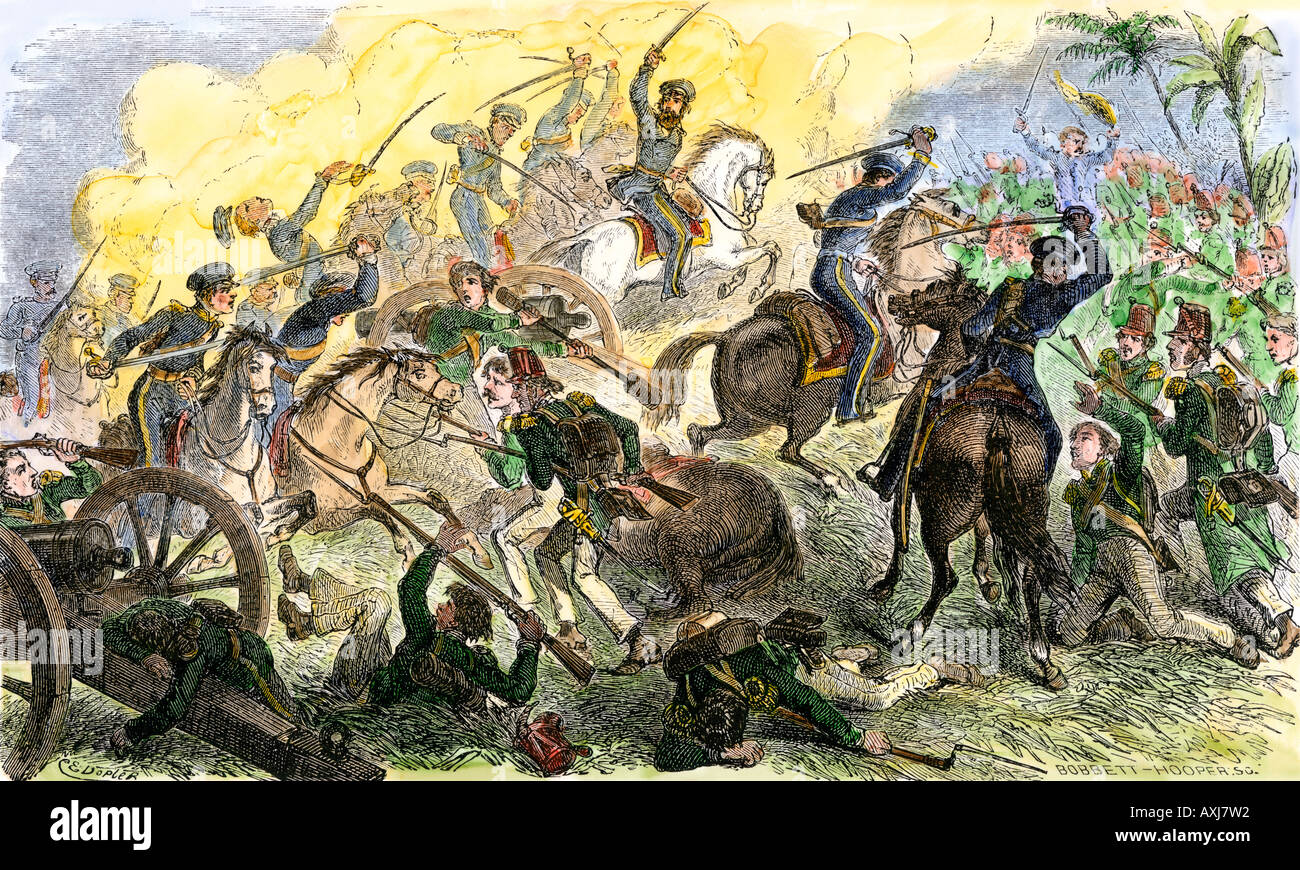 Charge de cavalerie sous les ordres du Capitaine Charles peut, lors de la bataille du Resaca de la Palma, au cours de la guerre du Mexique des années 1840. À la main, gravure sur bois Banque D'Images