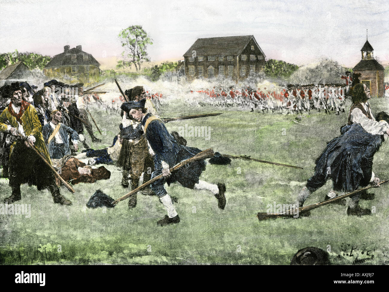 La bataille de Lexington Green début la guerre révolutionnaire le 19 avril 1775. À la main, gravure sur bois d'un Howard Pyle illustration Banque D'Images