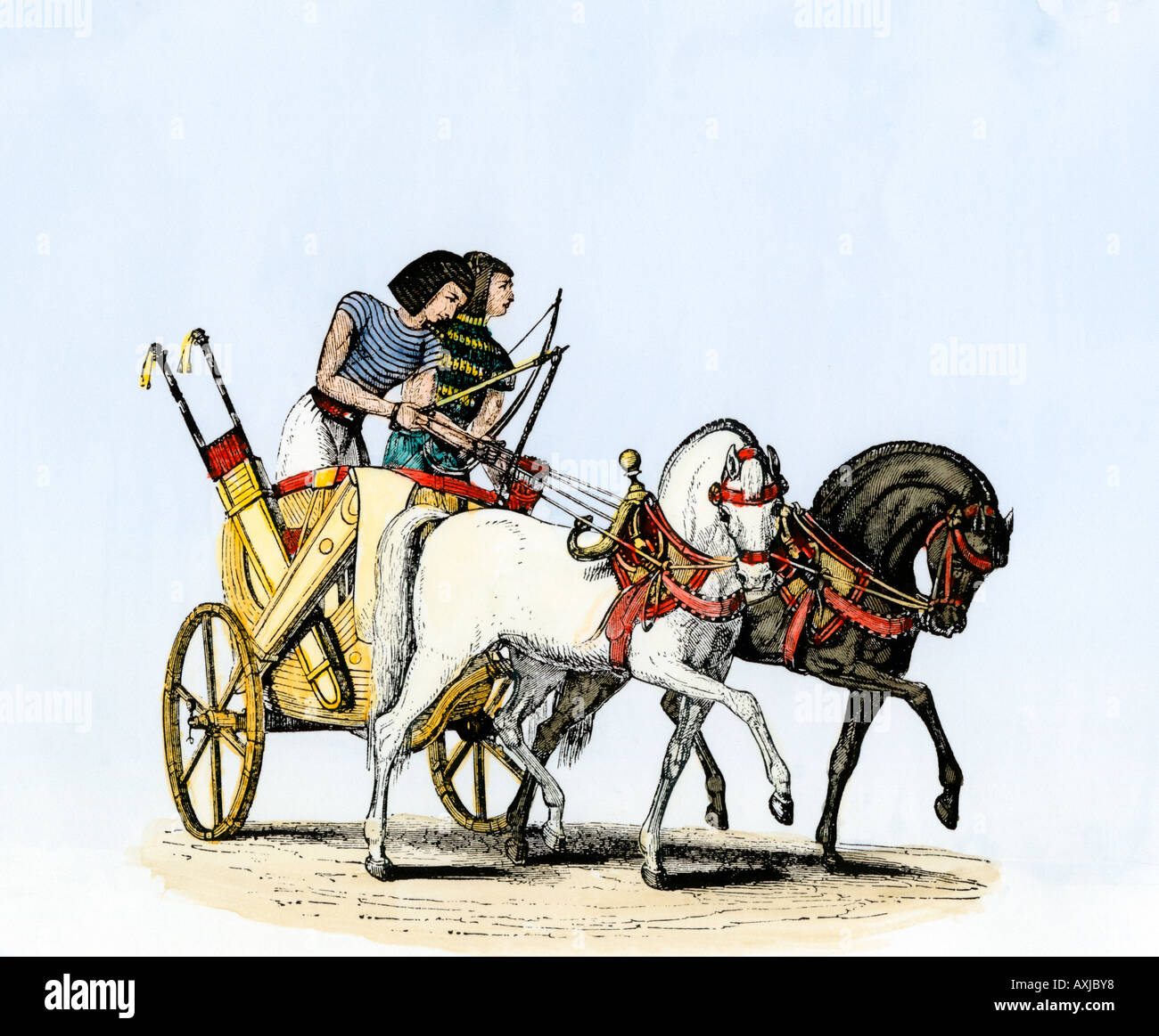 Char attelé de deux chevaux dans l'Egypte ancienne. À la main, gravure sur bois Banque D'Images