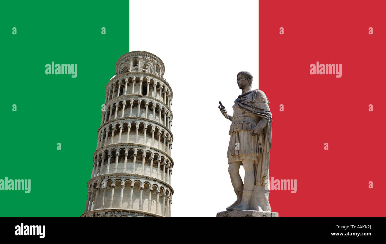 Drapeau Italien avec la tour de Pise et la statue de César Banque D'Images