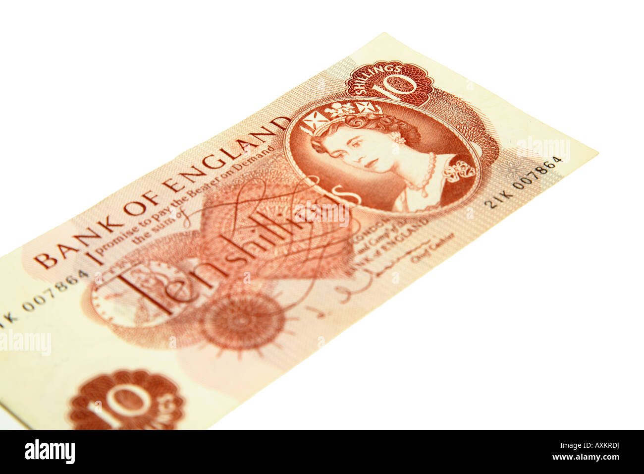 Un dix shilling remarque, pré en décimal Stirling, sur fond blanc Banque D'Images