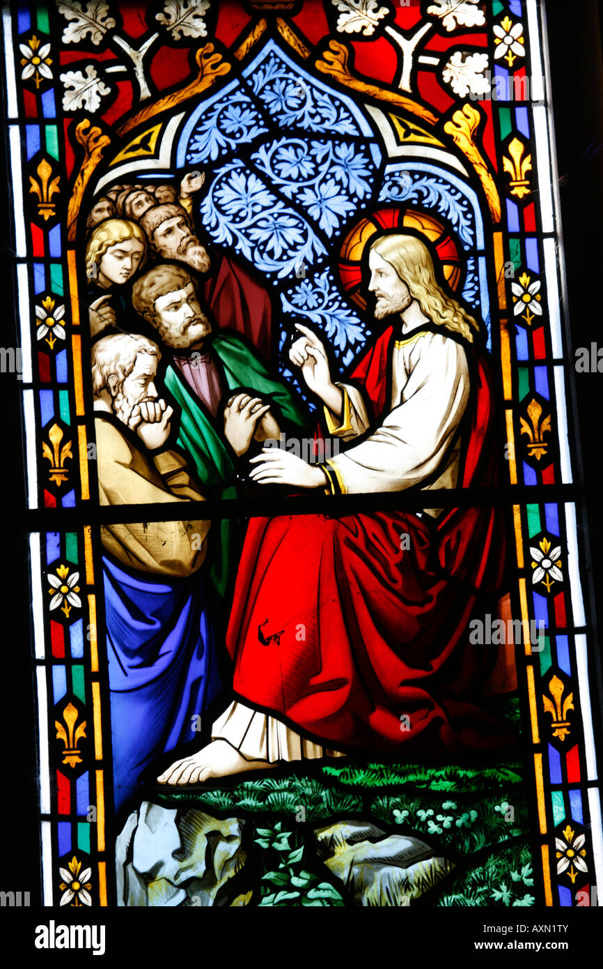 Vitraux, prédication de Jésus; Église Charlecote, Warwickshire, Angleterre Banque D'Images