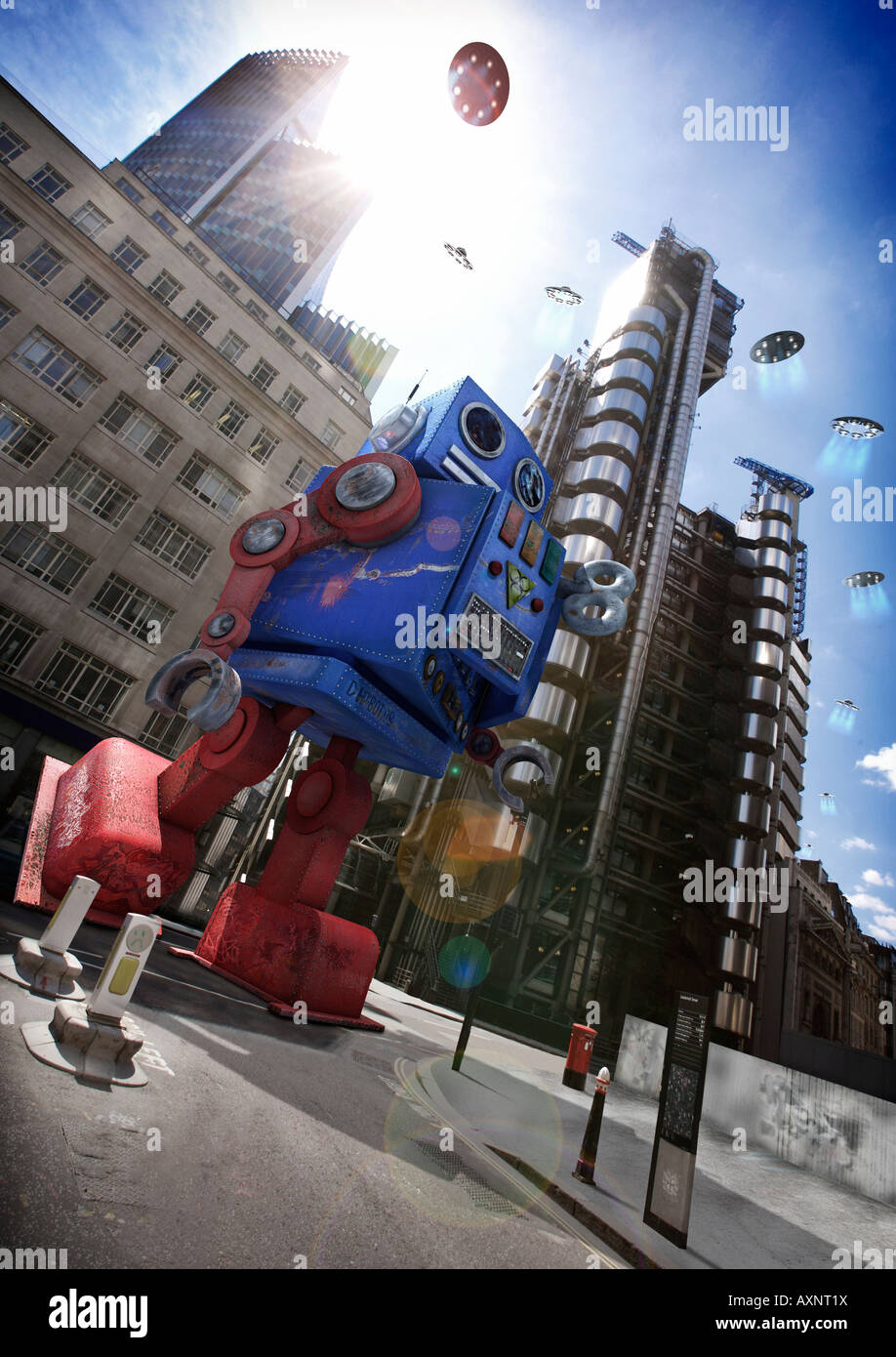 Robot énorme dans la ville de Londres avec un OVNI volant au-dessus, CGI. Banque D'Images