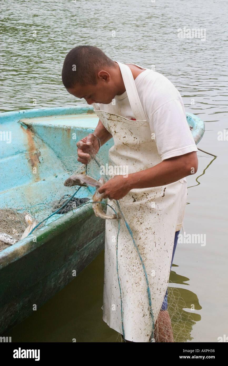 Les pêcheurs de prendre du poisson dans les filets au marché de poissons local à Rio de Janeiro Brésil Banque D'Images