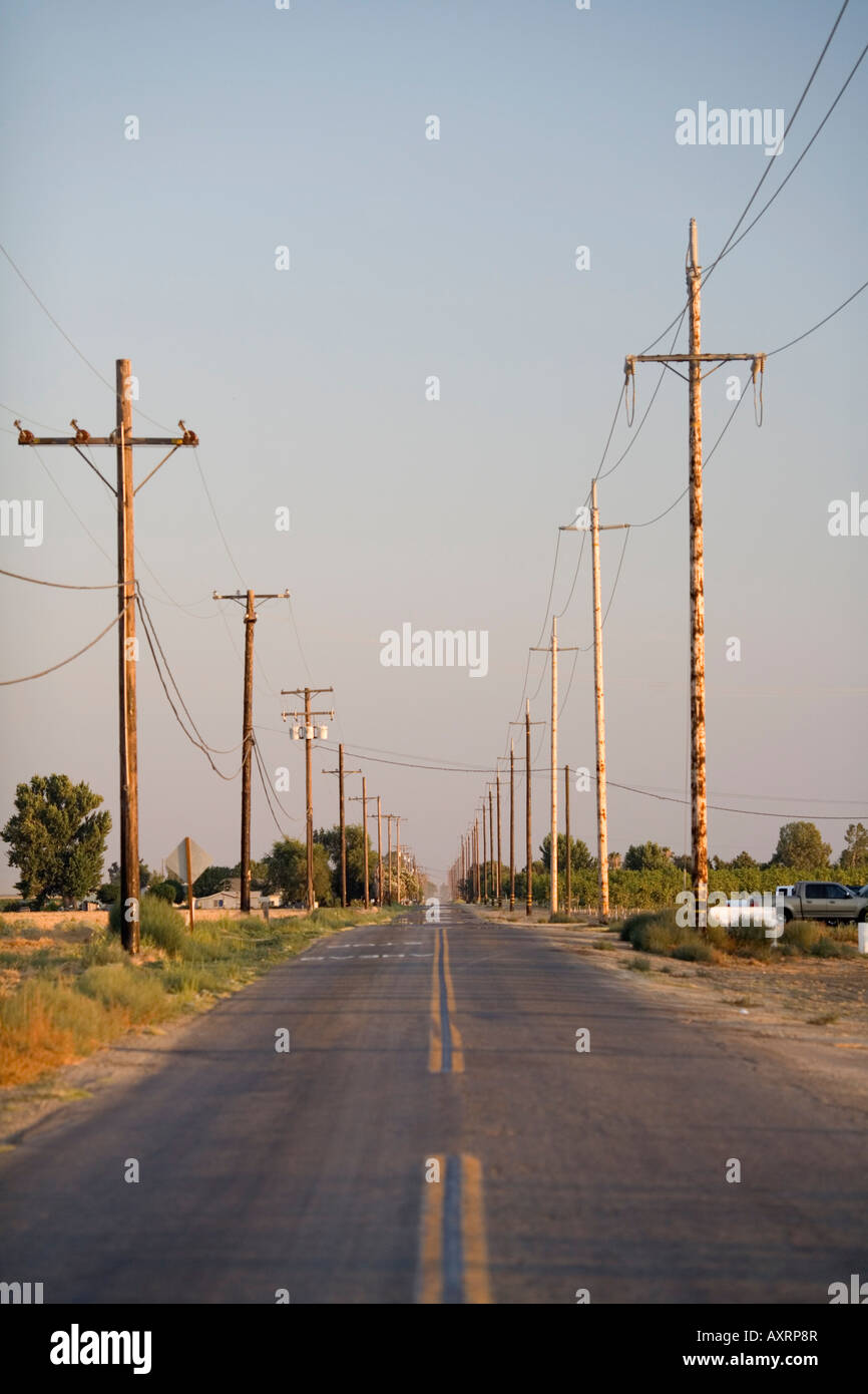 Un tronçon de route de campagne au sud de la ville de Hanford, en Californie dans le comté de Kings Banque D'Images