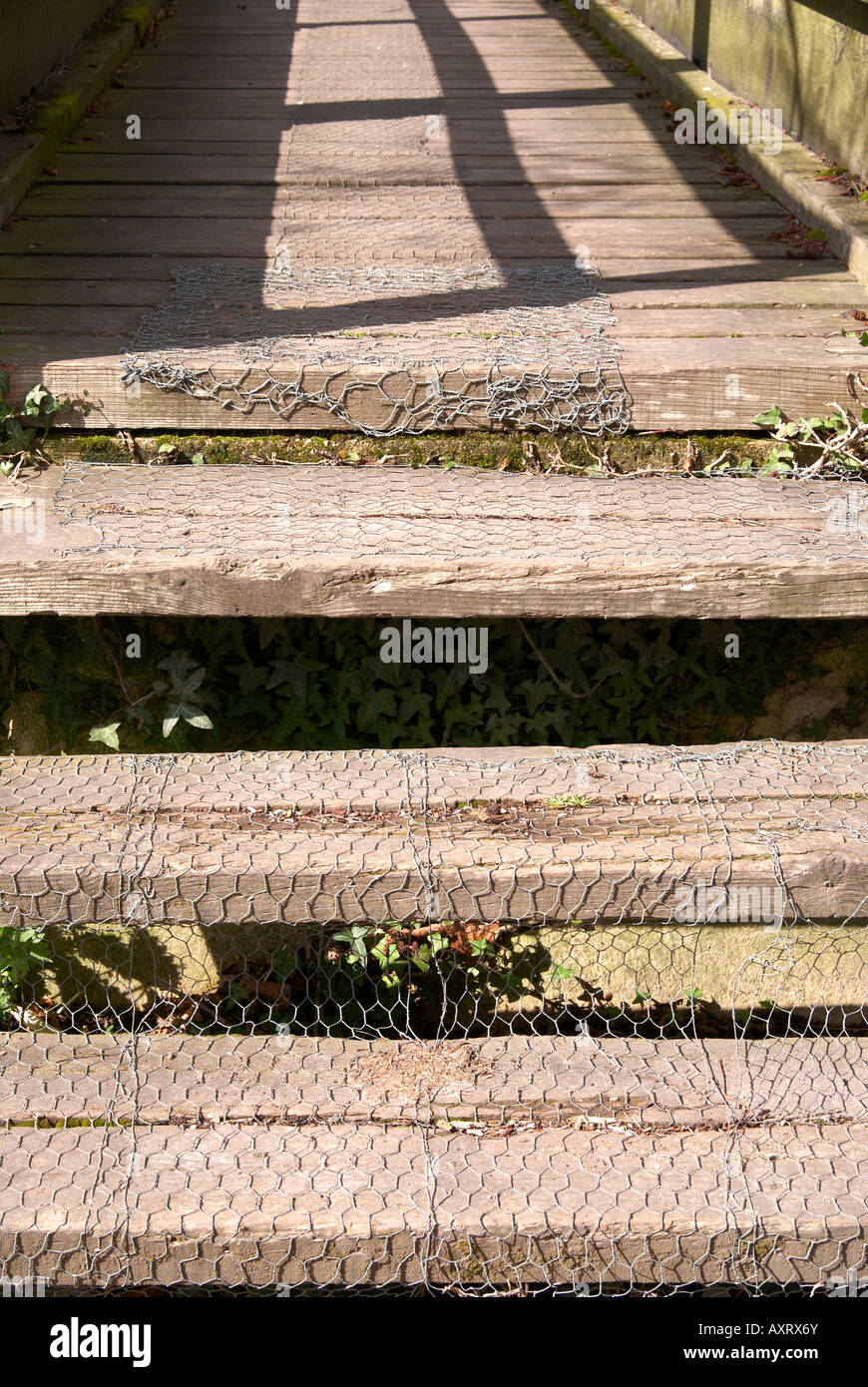 Marches de bois à une petite passerelle à l'aide de grillage utilisé pour fournir une surface antidérapante. Banque D'Images