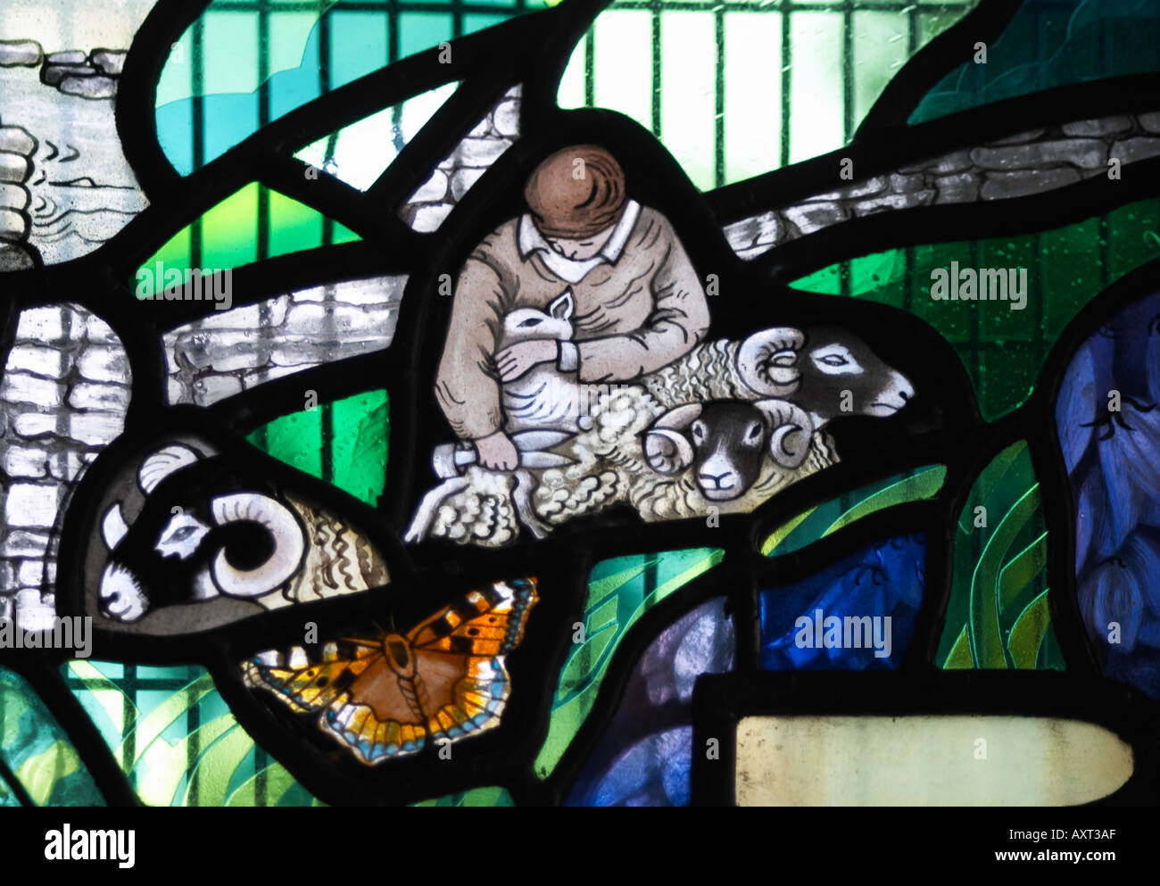 Détail du vitrail à l'église St Peter s Stainforth Yorkshire Dales National Park England UK Banque D'Images