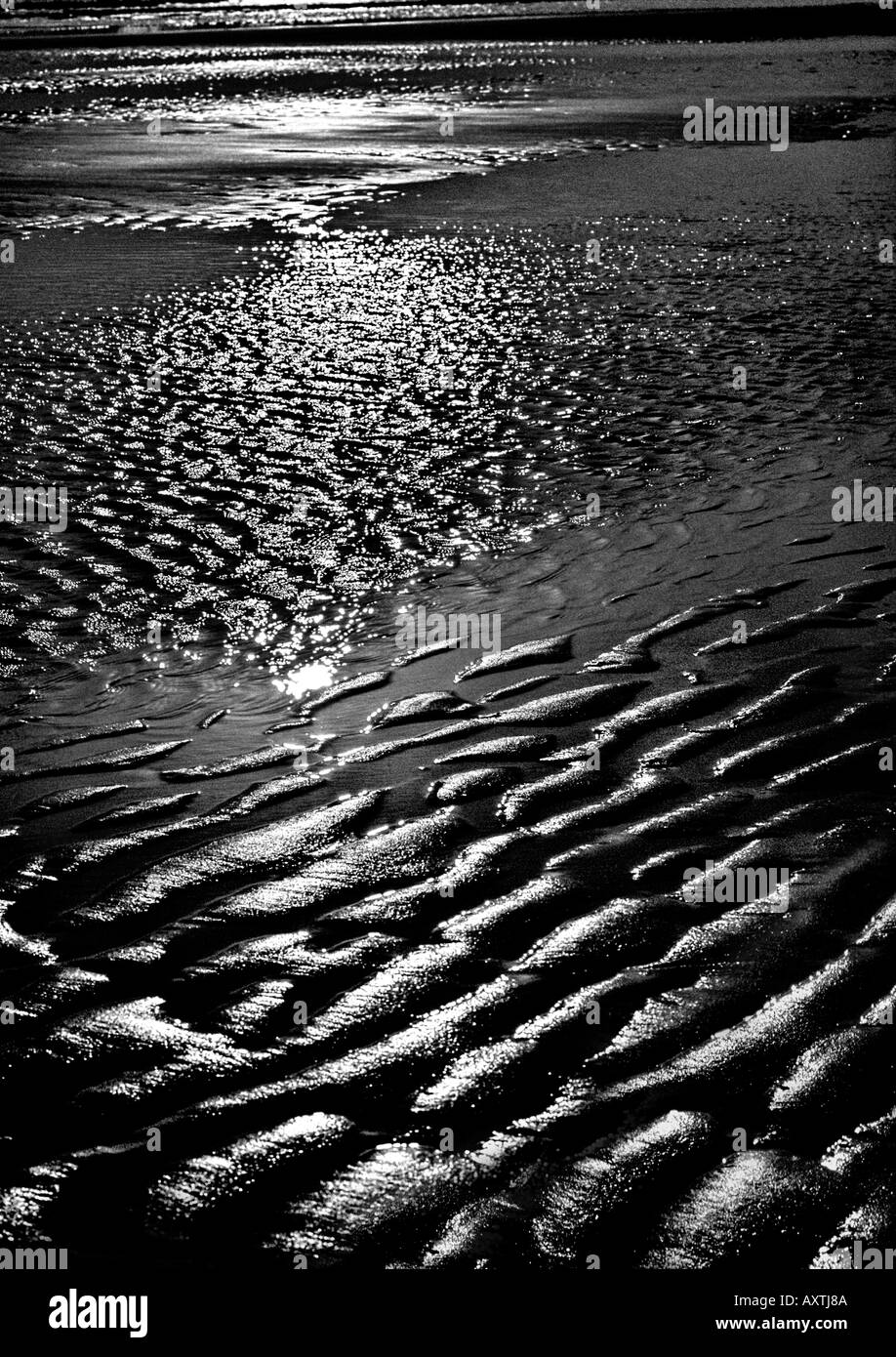 Les ondulations de sable noir et blanc sous l'eau peu profonde sur la plage à Dubaï ÉMIRATS ARABES UNIS Banque D'Images